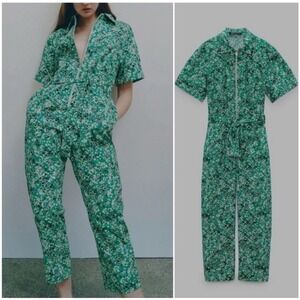 ZARA Floral Printed Green Jumpsuit Women's Small Zip Front Belted Straight Leg